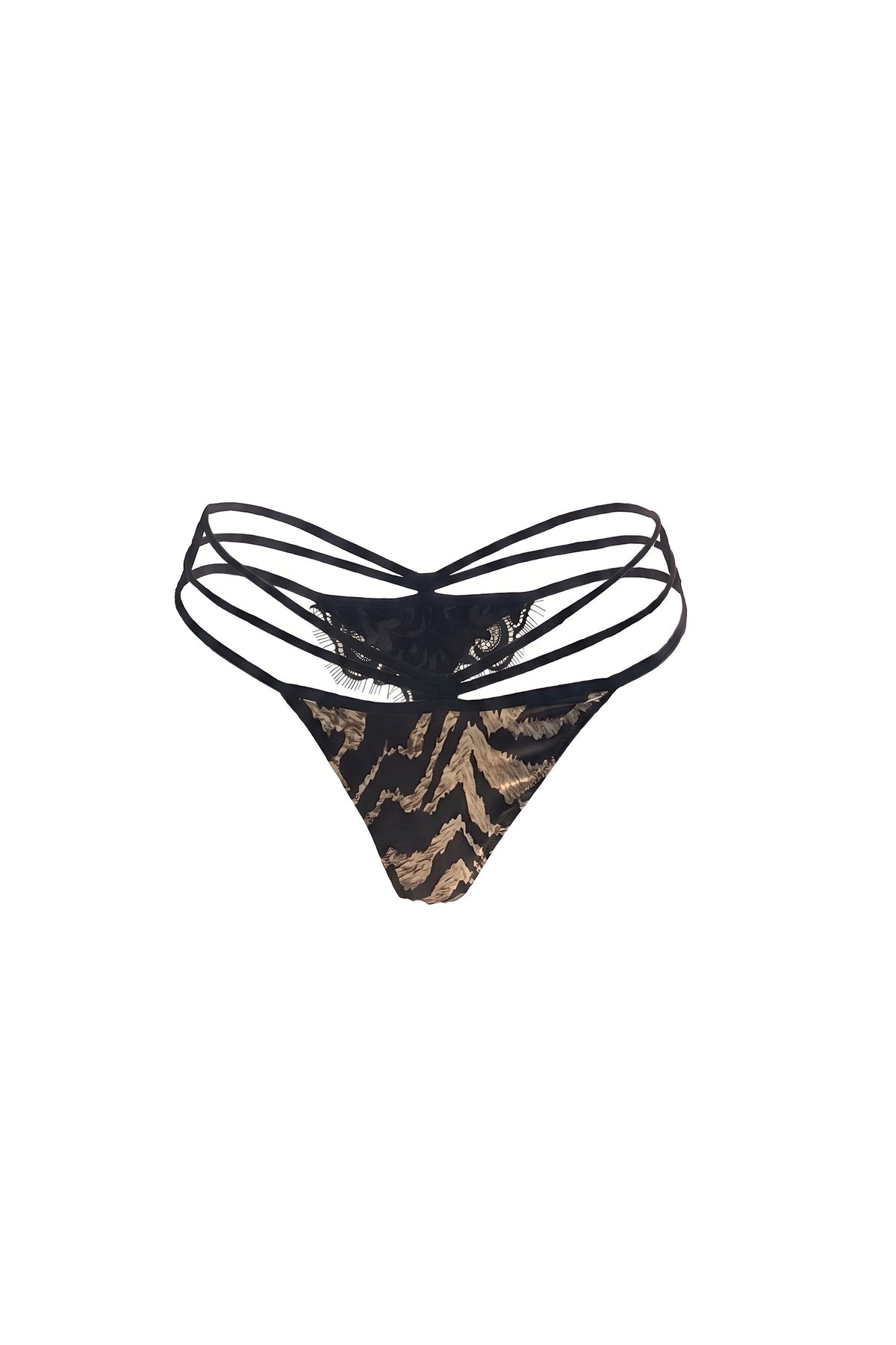 White Smoke Tiger Lace Silk Strappy Thong, Black