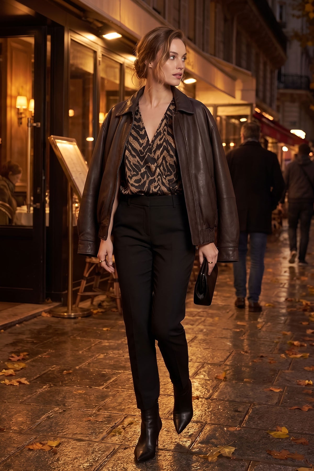 Black Tiger Print Silk Top, Black
